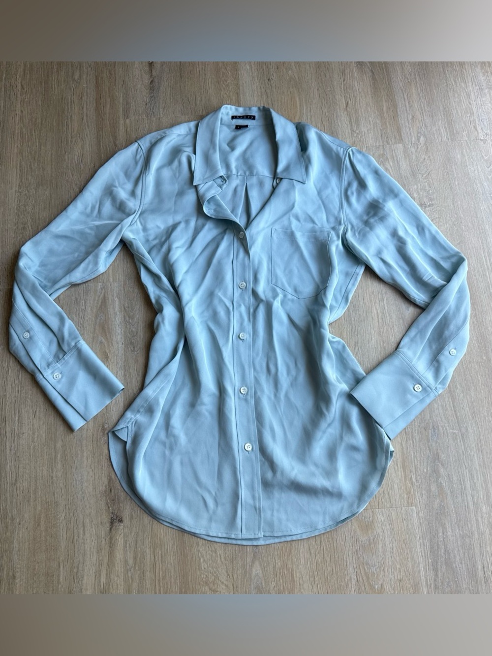 Theory Powder Blue Button Down Silk Blouse Small